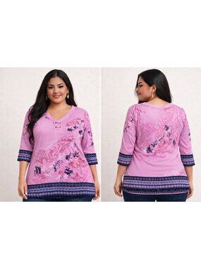 JM Collection Pink Paisley Floral Tunic Top Medium 3/4 Sleeve Boho Chic